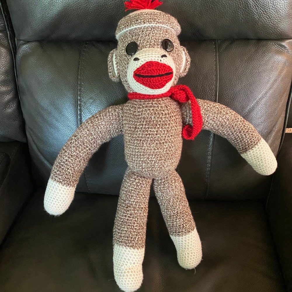 Beautiful Handmade Crochet Sock Monkey Plush Excellent Vintage Style Hat Scarf